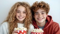 Happy teenage siblings enjoying popcorn together while smiling at camera, perfect for family entertainment and bonding concepts.