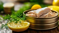 Canned tuna with fresh lemon slice and dill on rustic wooden table, healthy protein food preparation in natural lighting, seafood ingredients.