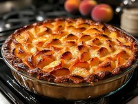 Fresh baked peach pie with lattice top crust showing golden brown caramelized surface, served in ceramic baking dish with ripe peaches in background.