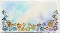 Watercolor paw prints in multicolored tones arranged along bottom border on soft pastel background, isolated on white for pet-related designs and greeting cards.
