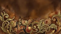 Ornate floral border with pomegranates and golden scrollwork on rich brown background, ethnic decorative pattern for textile or wallpaper design.