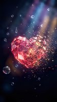 Shattered crystal heart dissolving into golden particles and bubbles against dark bokeh background for romantic designs and Valentine concepts.