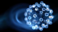Glowing blue molecular structure with connected spherical nodes on dark background, scientific visualization of atomic bonds and chemical compounds.