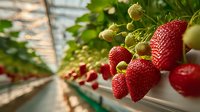 Fresh ripe strawberries growing in greenhouse hydroponic system with green leaves and white flowers ready for harvest in modern agricultural facility.
