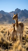 Vicuna mother and baby standing in golden grassland with dramatic mountain backdrop during warm sunset light creating natural wildlife portrait.
