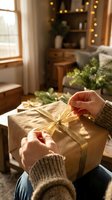 Hands wrapping golden ribbon around kraft paper gift box in cozy holiday living room with warm string lights and festive decorations.