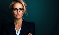 Professional businesswoman with blonde hair wearing glasses and black blazer, arms crossed with confident expression against dark green background.