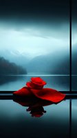 Red rose on knitted scarf by window overlooking misty mountain lake in moody weather, dramatic contrast between vibrant flower and cool blue landscape.