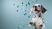 Playful Dalmatian puppy jumping with flying turquoise confetti against blue background, expressing joy and excitement in studio lighting setup.
