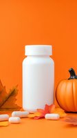 White medicine bottle with pills scattered around orange pumpkin and autumn leaves on bright orange background for seasonal health supplements.