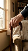 Senior adult male with light skin tone holding wooden cane while seated in armchair by sunlit window. Depicts aging, mobility assistance, retirement lifestyle, and home comfort for healthcare and wellness content.