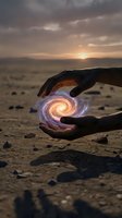 Hands protecting glowing energy spiral on desert landscape at sunset showcasing power of creation and spiritual connection with nature.