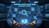 Professional businessman presenting knowledge base system with digital documents and search interface in modern technology environment.