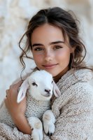 Young Caucasian woman with freckles and natural makeup holding white baby lamb, wearing cozy knit sweater. Gentle smile and soft lighting create warm emotional portrait.