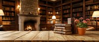 Wooden table in cozy library with fireplace, bookshelves, stacked books and potted flowers, ideal for interior design and home decor projects.