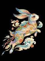 Ornate leaping rabbit with colorful floral and cloud motifs in traditional Asian art style, isolated on transparent background, ready for t-shirts, stickers, and print on demand.
