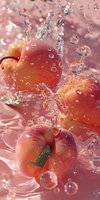 Fresh peaches splashing in crystal clear water with dynamic water drops and bubbles against pink background, creating refreshing and energetic food composition.