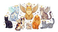 Celestial and angelic cats with wings, halos, and crowns isolated on white background, suitable for t-shirt designs, stickers, clipart, and merchandise applications.