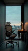 Modern office workspace with ergonomic mesh chair, small desk, and warm lamp overlooking city skyline at sunset. Remote work setup for corporate professionals.