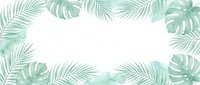 Tropical foliage frame with palm and monstera leaves in soft green watercolor on white isolated background, ready for design projects.