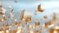 Floating golden translucent cubes scattered in dreamy sky with soft bokeh effect and light rays creating magical atmospheric composition. Suitable for luxury branding.
