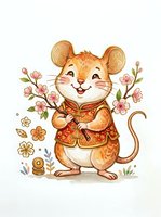 Cheerful cartoon mouse wearing traditional red and gold embroidered vest, surrounded by pink blossoms and coins on isolated white background. Clipart suitable for children's designs, greeting cards, and festive merchandise.
