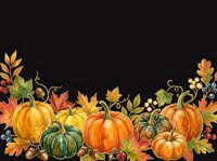 Autumn harvest arrangement with orange and green pumpkins, gourds, fall foliage, and decorative leaves on black background. Suitable for seasonal designs, thanksgiving graphics, and autumn-themed projects.