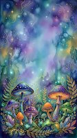 Enchanted forest scene with whimsical mushrooms beneath a cosmic galaxy sky filled with stars, glowing orbs, and swirling golden lines. Watercolor illustration for fantasy art, book covers, and mystical designs.