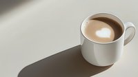 White ceramic cup filled with creamy coffee featuring heart-shaped milk foam art on neutral background with dramatic shadow, minimalist composition for cafe menu design.