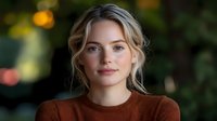 Young Caucasian woman with blonde hair and natural makeup wearing brown sweater smiles warmly at camera against soft bokeh background in outdoor setting.