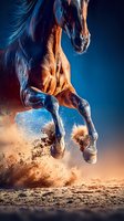 Powerful brown horse galloping with dramatic dust clouds against vibrant blue and orange sunset sky. Dynamic equestrian action shot for sports and nature themes.