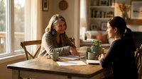 Professional mature Caucasian woman counselor therapist meeting with young Hispanic female client in warm home office setting for consultation session.