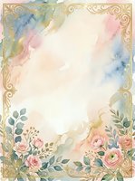 Watercolor floral frame with soft pastel washes, ornate gold scrollwork border, and blooming roses with greenery. Isolated on white background, ready for invitations, cards, and design projects.