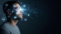 Young man with digital network overlay and glowing icons representing artificial intelligence, technology connections and futuristic interface concepts.