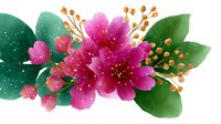 Vibrant pink watercolor flowers with golden stamens and green leaves on white background, decorated with delicate sparkles. Floral arrangement for wedding design.