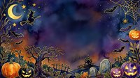 Spooky night scene with witch flying on broomstick, haunted castle, jack-o-lanterns, gravestones, bats, and crescent moon against starry sky. Halloween celebration background.