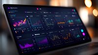 Dark modern trading dashboard with neon purple and blue charts displaying financial data and market analytics on black screen monitor, bokeh background.
