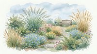 Watercolor garden landscape with ornamental grasses, flowering plants and wooden bench creating peaceful outdoor space for relaxation and meditation.