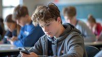 Teenage student in gray hoodie using smartphone during class time, depicting modern education challenges and digital device distraction in school environment.