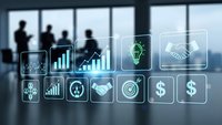 Business professionals analyzing digital financial data with holographic interface icons displaying charts, graphs and dollar symbols in modern office.