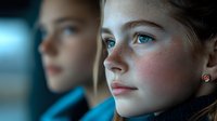 Young girl with freckles and striking blue eyes gazes thoughtfully into distance, soft natural lighting creates dramatic mood while another child silhouette appears in background.