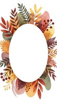 Autumn watercolor floral frame with warm leaves, berries and foliage surrounding blank oval space for text or design on white background.
