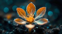 Orange translucent leaves with glowing edges against dark background with bokeh lights, macro photography showing delicate nature details and morning dew drops.