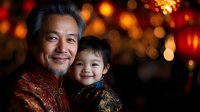 Asian father and young son wearing traditional red and gold attire smile warmly against blurred festive lights background during lunar new year celebration.