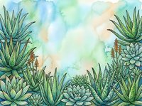 Watercolor succulent and aloe vera garden border with soft pastel background, copy space for text or design projects.