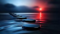 Dramatic stepping stones path over calm water surface at sunset with red sun reflection creating mystical atmosphere and rippled water effect.