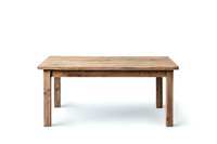 Rustic wooden dining table with natural grain texture and weathered finish isolated on white background. Farmhouse style furniture piece for home decor.