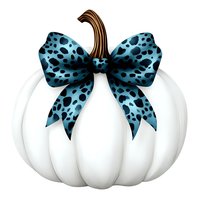 White decorative pumpkin with turquoise leopard print bow on isolated background, seasonal autumn decor element for crafts and design projects.