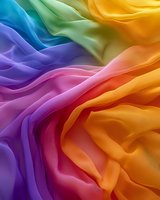 Vibrant rainbow colored silk fabric with soft flowing waves and folds creating an abstract pattern of purple, pink, orange, yellow, green and blue hues for luxury design backgrounds.