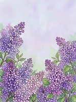 Lilac flowers with green leaves arranged on soft pastel background, isolated design element suitable for greeting cards, invitations, wallpapers and textile prints.